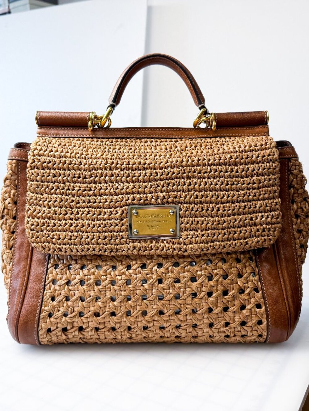 Dolce & Gabbana Miss Sicily Large Woven Raffia Top Handle Bag Brown Leather Trim